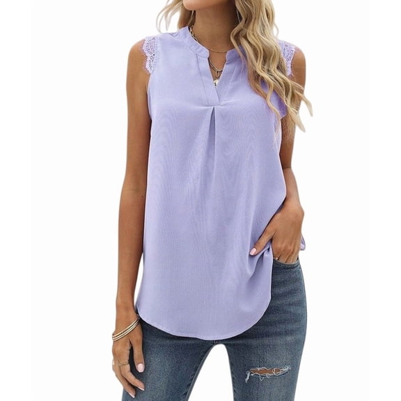 Women'S Summer Casual Sleeveless V Neck Lace Trim Tank Tops Loose Blouse Tees L