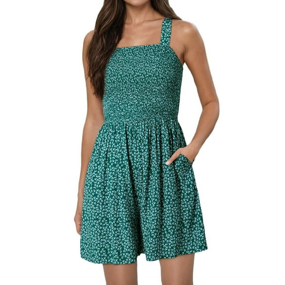 Women'S Summer Casual Smocked Rompers Square Neck Sleeveless Loose Shorts Jumpsuits 2025 Dark Green L