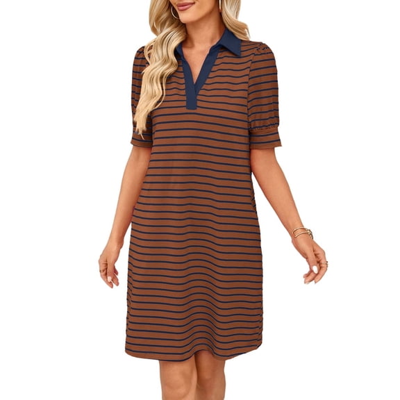 Women'S Summer Casual Striped V Neck Short Sleeve Flowy A Line Mini Dresses Coffee Nanny XL