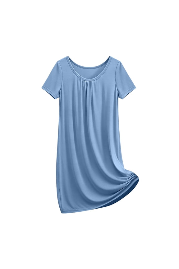 Women'S Summer Casual Women'S Loose Solid Color Dress Short Sleeved Round Neck Dress Plain Color Simple Nightgown