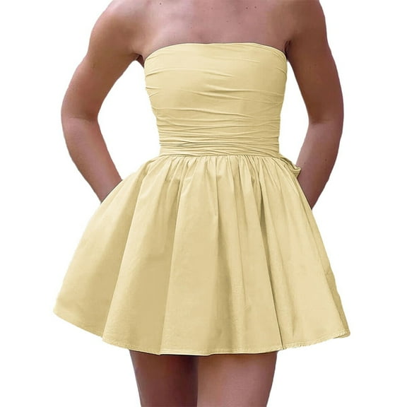 Women'S Summer Cocktail Dress Ruched Ruffle Mini Dress Yellow S