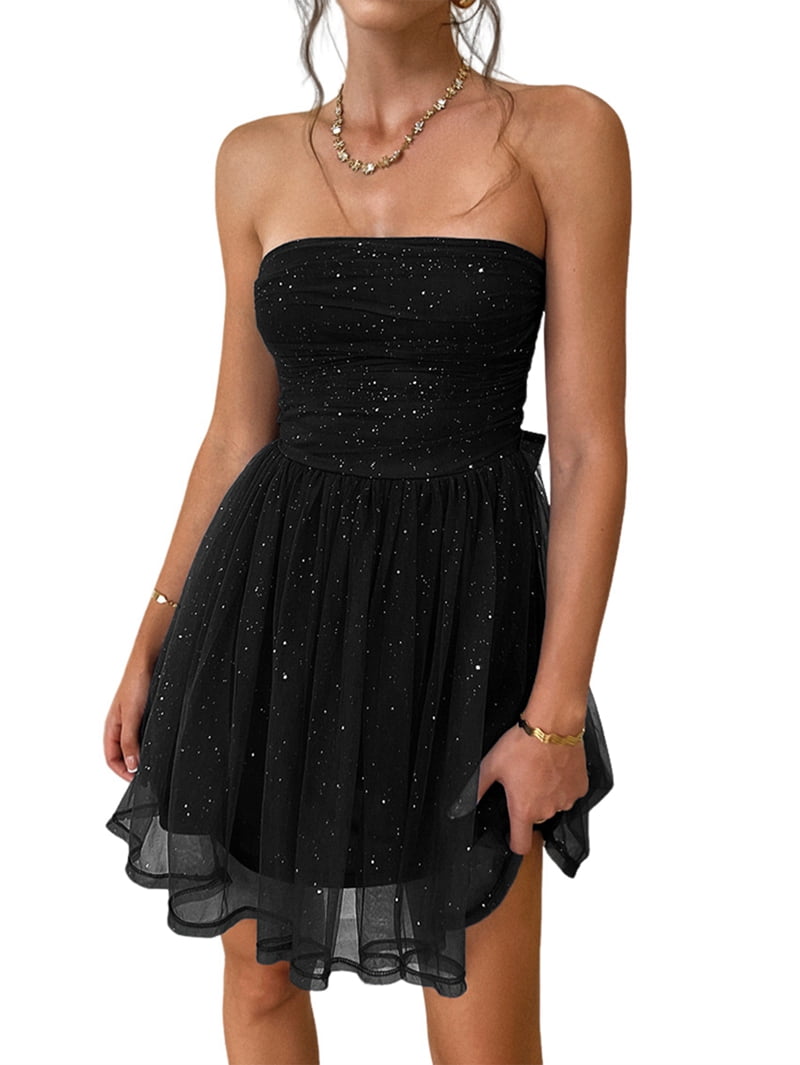 tube ruched ruffle mini dress Rhinestone Ruffle Mini Tube Dress Black / M