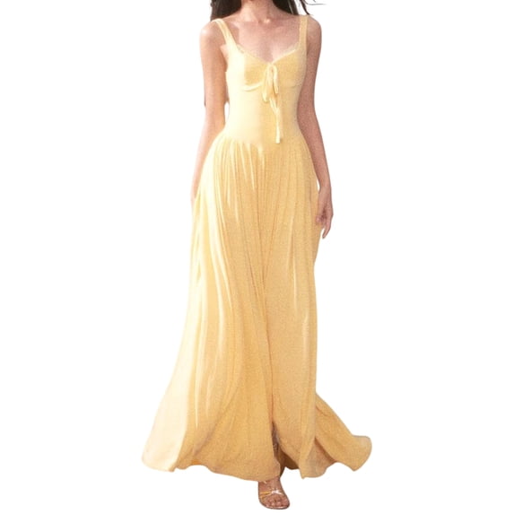 Women'S Summer Corset Midi Dress Casual V Neck Flowy A Line Dress Wedding Guest Dresses Yellow L