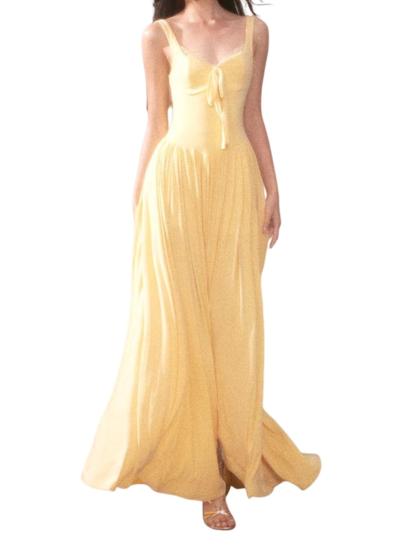 Jaimenalin Women's Summer Corset Midi Dress Casual V Neck Flowy A Line Dress Wedding Guest Dresses Yellow S, Size: Small