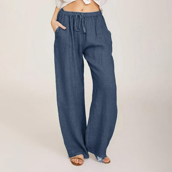 Women'S Summer Cotton Linen Pants Drawstring Waist Wide Leg Loose Cotton Linen Straight Leg Pants