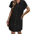 thumbnail image 1 of Women'S Summer Cotton and Linen V-Neck Button Casual Short Sleeve Loose Waist Shirt Dress Black L, 1 of 7