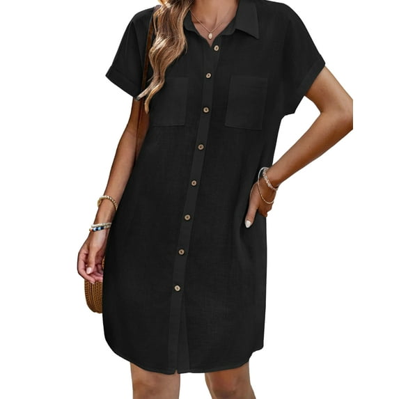 Women'S Summer Cotton and Linen V-Neck Button Casual Short Sleeve Loose Waist Shirt Dress Black L