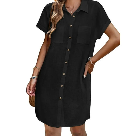 Women'S Summer Cotton and Linen V-Neck Button Casual Short Sleeve Loose Waist Shirt Dress Black XL