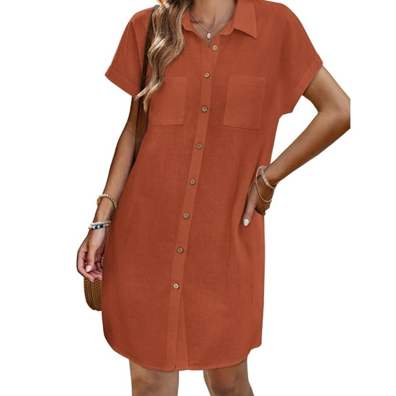 Women'S Summer Cotton and Linen V-Neck Button Casual Short Sleeve Loose Waist Shirt Dress Orange Red M
