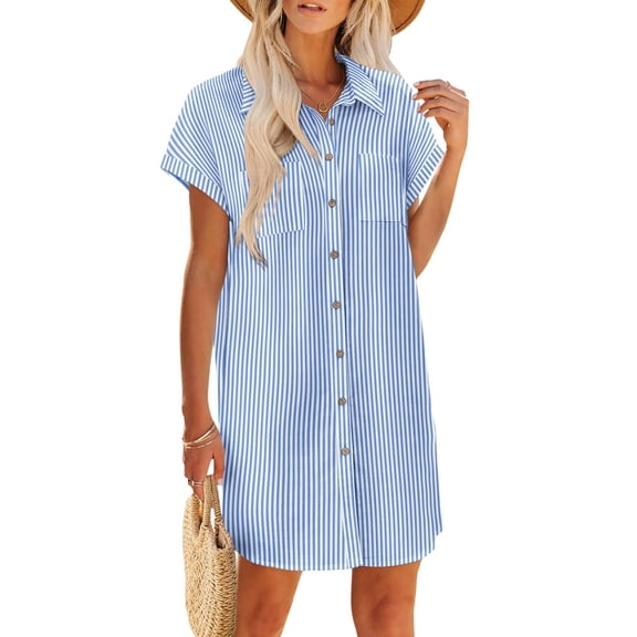 Women'S Summer Cotton and Linen V-Neck Button Casual Short Sleeve Loose Waist Shirt Dress Striped Light Blue S