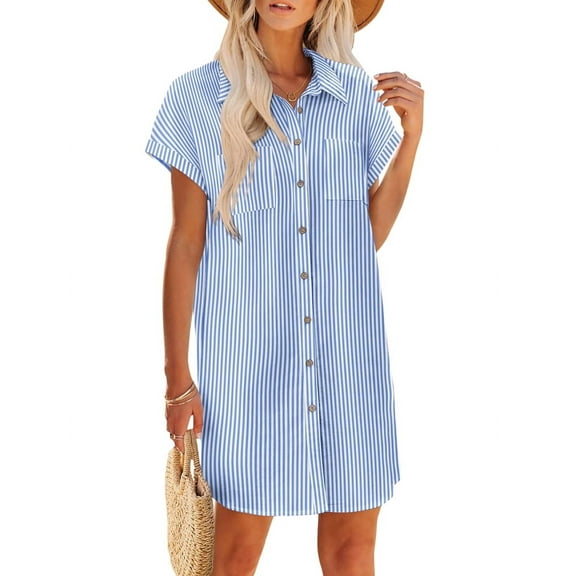 Women'S Summer Cotton and Linen V-Neck Button Casual Short Sleeve Loose Waist Shirt Dress Striped Light Blue XL