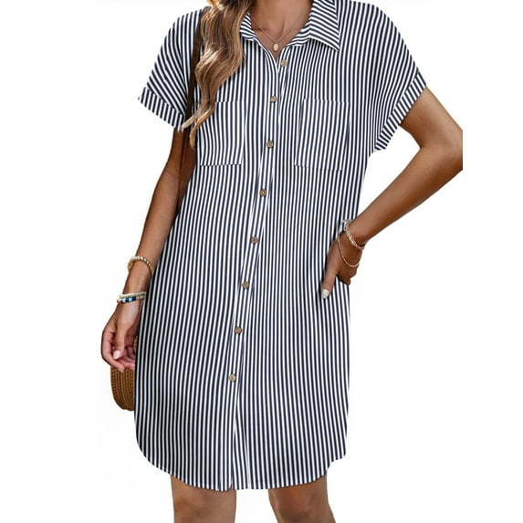 Women'S Summer Cotton and Linen V-Neck Button Casual Short Sleeve Loose Waist Shirt Dress Striped Navy S