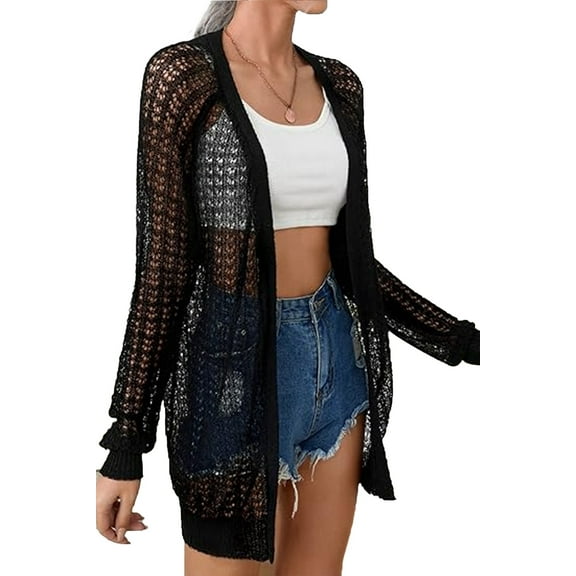 Women'S Summer Crochet Cardigan Sweater Long Sleeve Open Front Boho Cover Up Black L