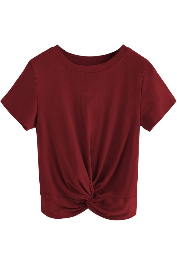 Women'S Summer Crop Top Solid Short Sleeve Twist Front Tee T-Shirt