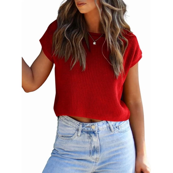 Women'S Summer Cropped Sweater Vest Trendy Cap Sleeve Crop Tops Crew Neck Loose Knit Tank Top Red L