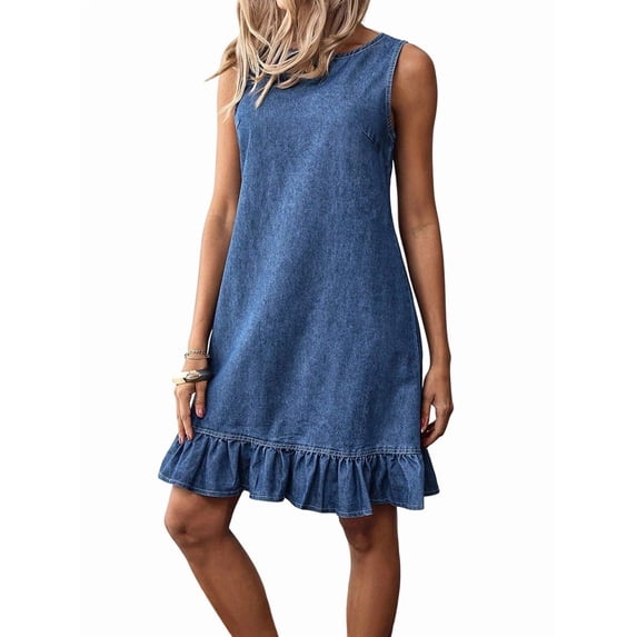 Women'S Summer Denim Dresses Crew Neck Sleeveless Tank Mini Dress Ruffled Beach Sundresses L