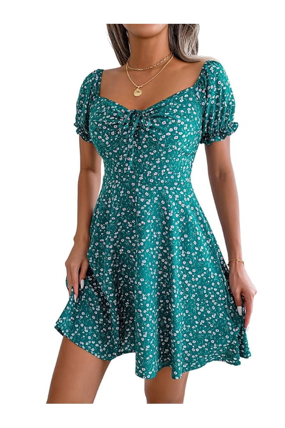 Women'S Summer Drawstring Sweetheart Neck Puff Sleeve A Line Short Dress Green XL