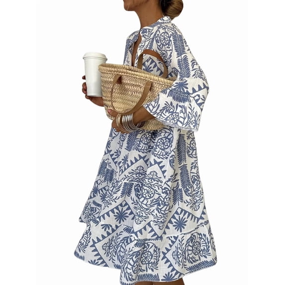 Women'S Summer Dress Casual V Neck Buttoned 3/4 Sleeve Bohemian Print Flowy Mini Dresses Blue L