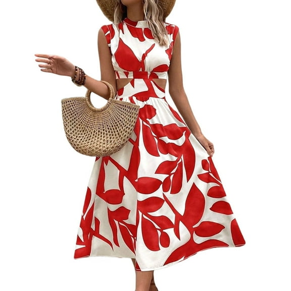 Women'S Summer Dress Floral Print Cutout Batwing Sleeve Round Neck A-Line High Waist Midi Dress Red M
