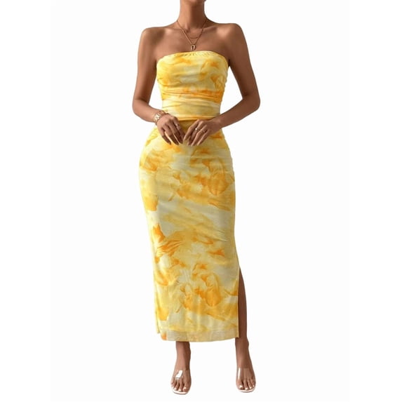 Women'S Summer Dress Printed Strapless Tube Bodycon Maxi Side Slit Mesh Layered Yellow S