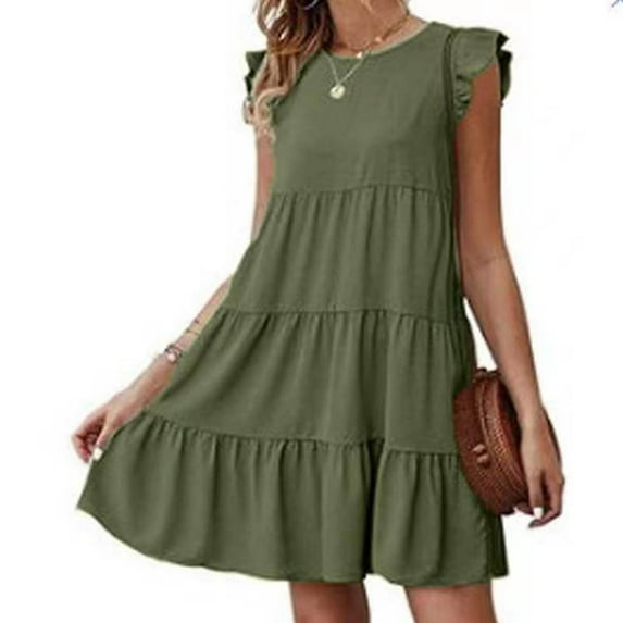 Frostluinai Plus Size Dresses For Women Casual Short Mini T-Shirt Dress Ruffles Boho Dress Babydoll Tiered Mini Dress Round Neck Sleeveless Pleated Tunic Dress