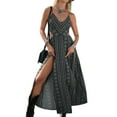 thumbnail image 1 of Women'S Summer Dress Tie Back V Neck Floral Maxi Tropical Long Beach Vacation Side Slit Black S, 1 of 8