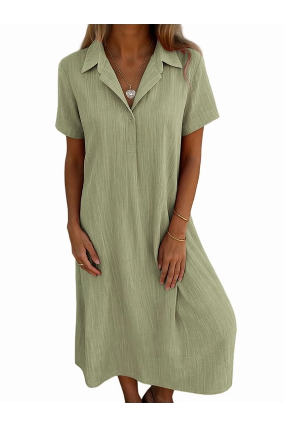 Women'S Summer Dress V Neck Dress Short Sleeve Elegant Shirt Dress Casual Beach Dress Emerald Green XXL