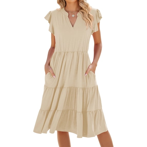 Women'S Summer Dress V Neck Short Sleeve Midi Sundress Flowy Tiered Beach Dresses with Pockets Color XXL