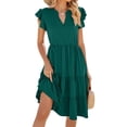 thumbnail image 1 of Women'S Summer Dress V Neck Short Sleeve Midi Sundress Flowy Tiered Beach Dresses with Pockets Dark Green S, 1 of 9