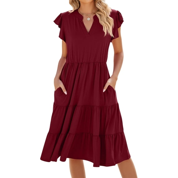 Women'S Summer Dress V Neck Short Sleeve Midi Sundress Flowy Tiered Beach Dresses with Pockets Wine Red M