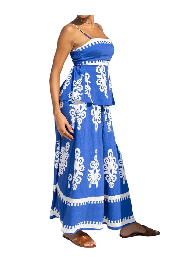 Women'S Summer Dresses 2025 Floral Sundress Spaghetti Straps Flowing Beach Vacation Bohemian Maxi Dress Set Blue S