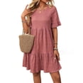 thumbnail image 1 of Women'S Summer Dresses 2025 Puff Sleeve Crew Neck High Waist Smocked A-Line Flowy Loose Fit Midi Dress Bean Paste Powder XL, 1 of 9