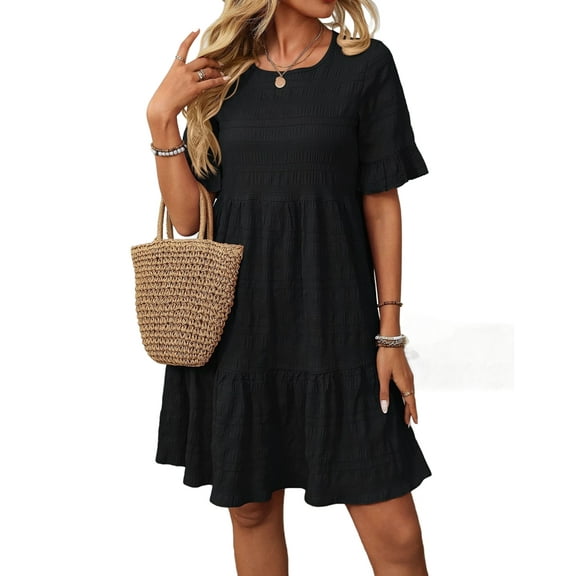 Women'S Summer Dresses 2025 Puff Sleeve Crew Neck High Waist Smocked A-Line Flowy Loose Fit Midi Dress Black L