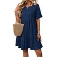 thumbnail image 1 of Women'S Summer Dresses 2025 Puff Sleeve Crew Neck High Waist Smocked A-Line Flowy Loose Fit Midi Dress Navy Blue L, 1 of 9
