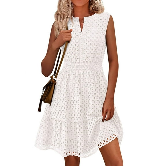 Women'S Summer Dresses 2025 Sleeveless V Neck Eyelet Hollow Out Swing A Line Beach Vacation Sun Dress White S