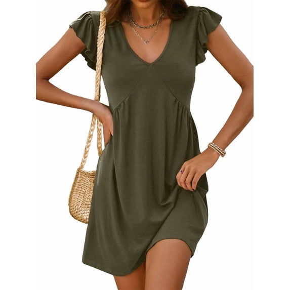 Women'S Summer Dresses Beach 2026 Casual Deep V Neck Loose Sundress Ruffle Sleeve Mini Dress Olive Green M