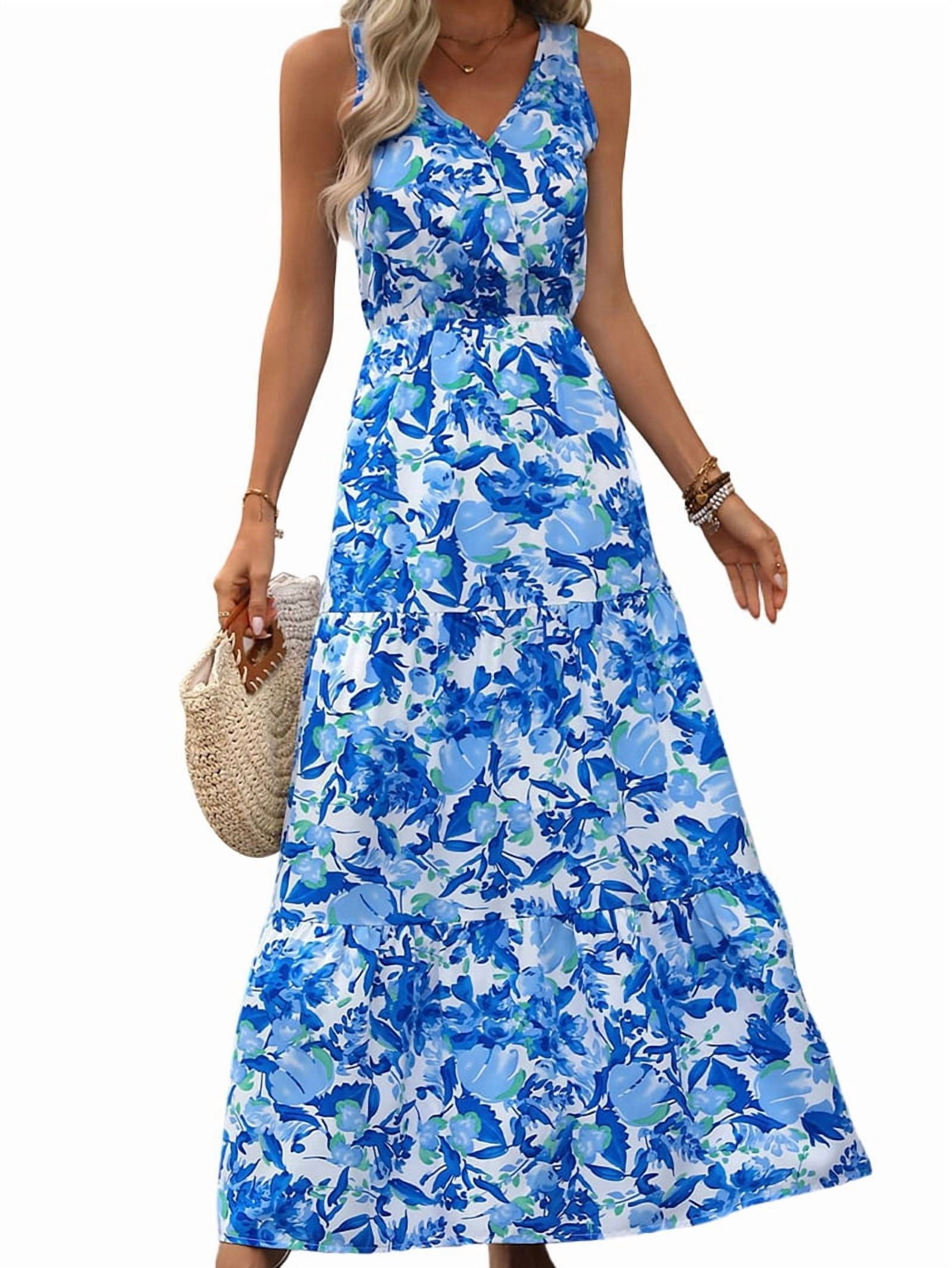 Women'S Summer Dresses Casual Sleeveless Maxi Dresses Cute Floral Long Dress  Wedding Guest Dress Blue Flower XL - Walmart.com