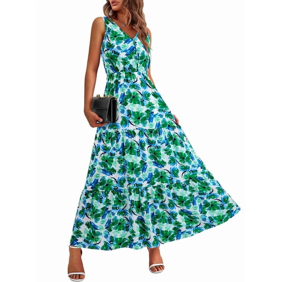 Women'S Summer Dresses Casual Sleeveless Maxi Dresses Cute Floral Long Dress Wedding Guest Dress Green Flower S