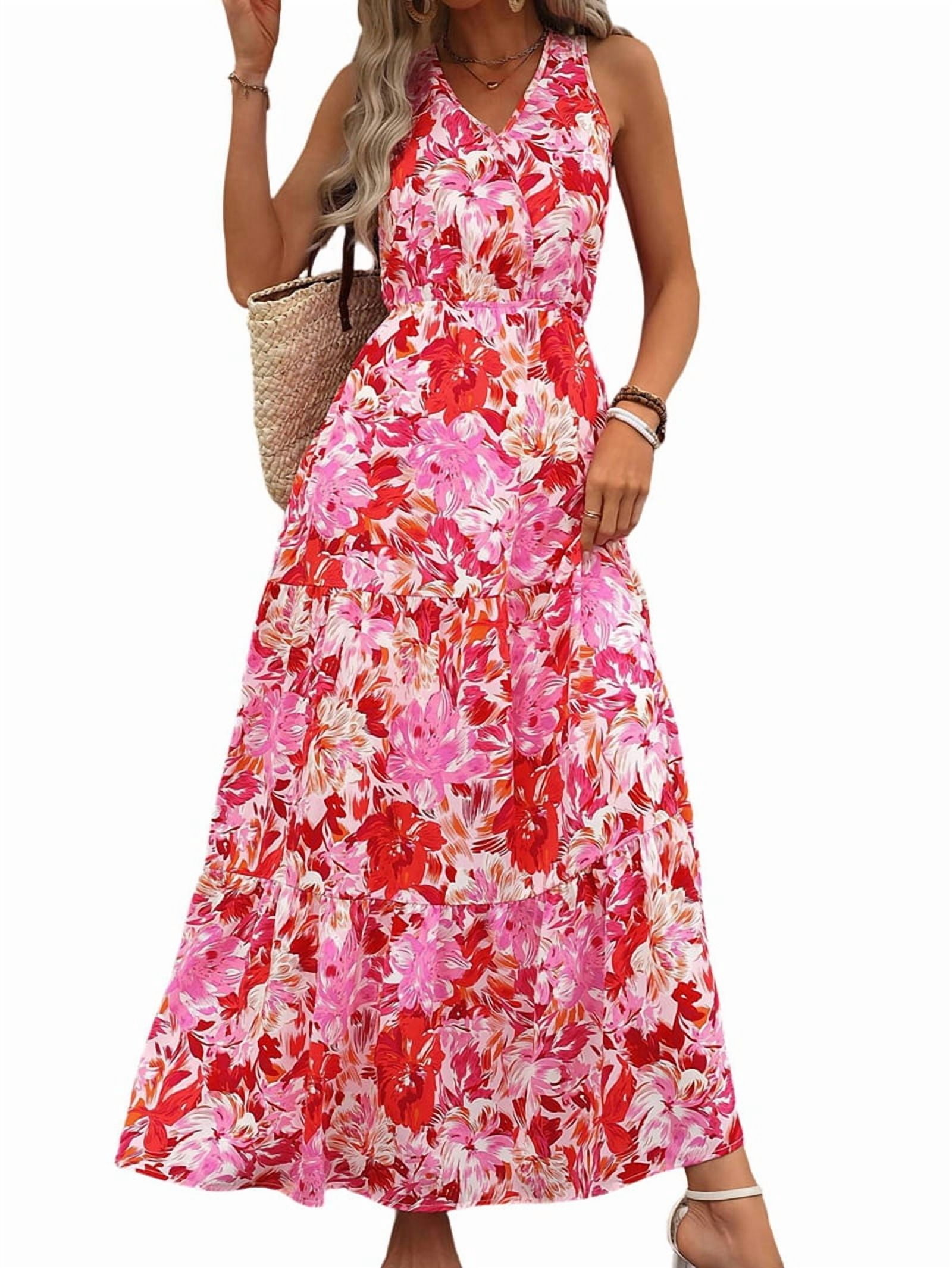 Women'S Summer Dresses Casual Sleeveless Maxi Dresses Cute Floral Long Dress Wedding Guest Dress Red Flower XXL