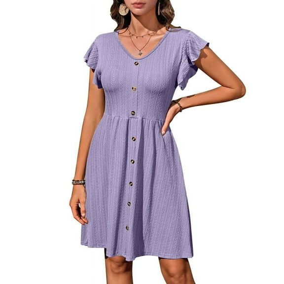 Women'S Summer Dresses Short Ruffle Sleeve V-Neck Casual Loose Swing Button Down Casual Dresses Purple M