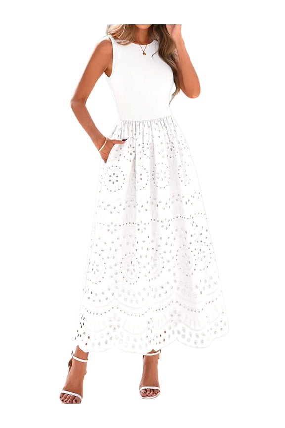 Women'S Summer Dresses Sleeveless Crewneck A-Line Boho Lace Eyelet Tank Maxi Dress with Pockets White M