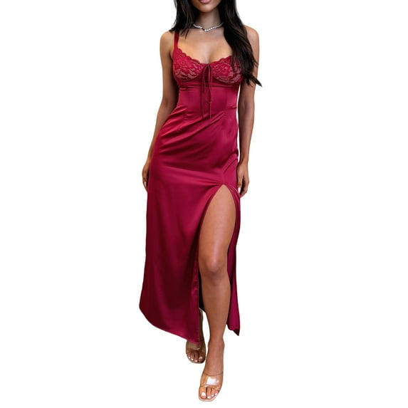Women'S Summer - Dresses Sleeveless Sexy- V Neck Backless Lace Splicing Party Straps Bodycon Dress Wine Red S