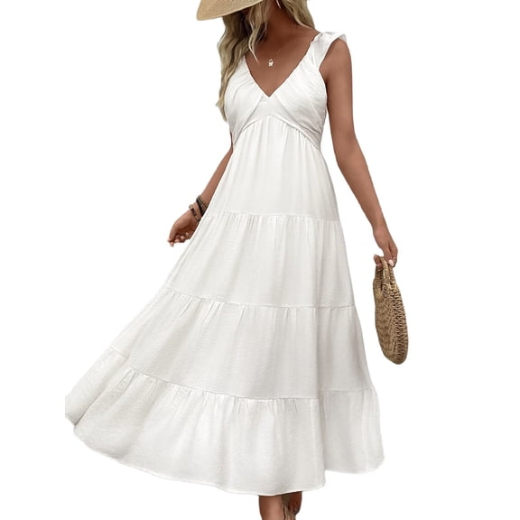 Women'S Summer Dresses Sleeveless V Neck Knit A Line Casual Midi Cocktail Wedding Guest Dress Cream White M