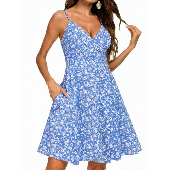 Women'S Summer Dresses V Neck Spaghetti Strap Sundress Casual Beach Flowy Mini Dress with Pockets Printed Blue L