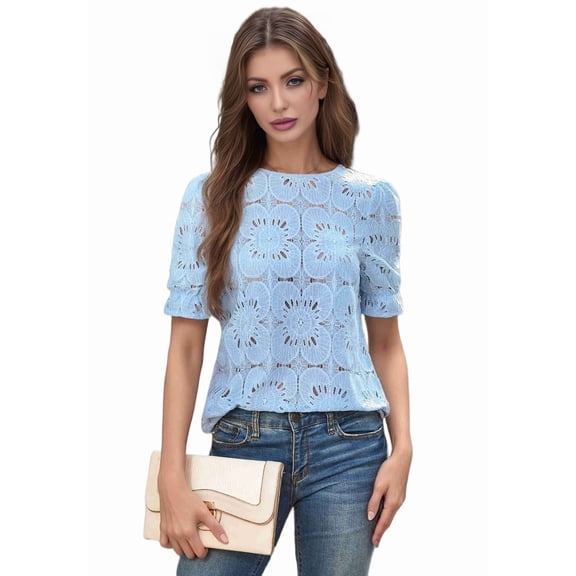 Women'S Summer Eyelet Hollow Out Crochet Lace Embroidered Short Sleeve Puff Tops Sky blue XL