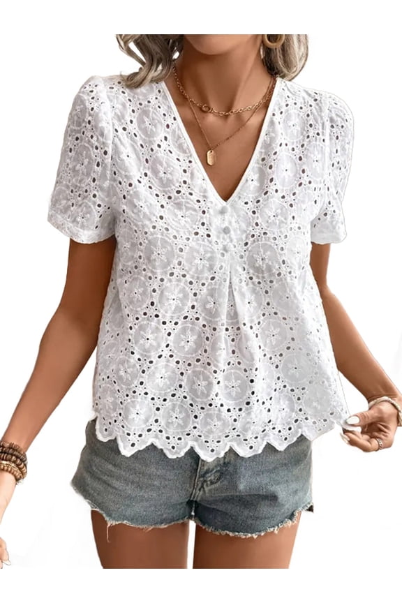 Women'S Summer Eyelet Tops 2025 Dressy Casual V Neck Flutter Sleeve Hollow Out Lace Embroidered Blouses Shirts White M