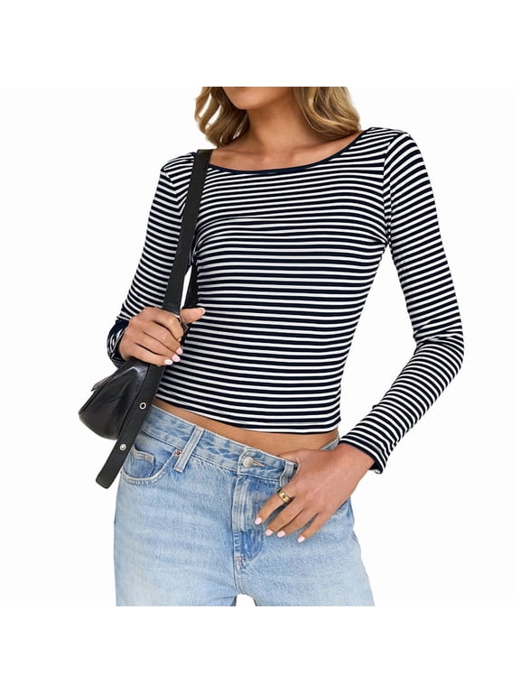Women'S Summer Fall Long Sleeve Boat Neck Stripe Shirts Casual Slim Fit Backless Rib Knit Tops Navy Blue M