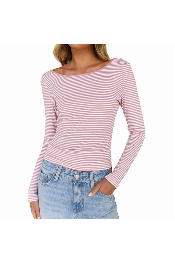 Women'S Summer Fall Long Sleeve Boat Neck Stripe Shirts Casual Slim Fit Backless Rib Knit Tops Pink L