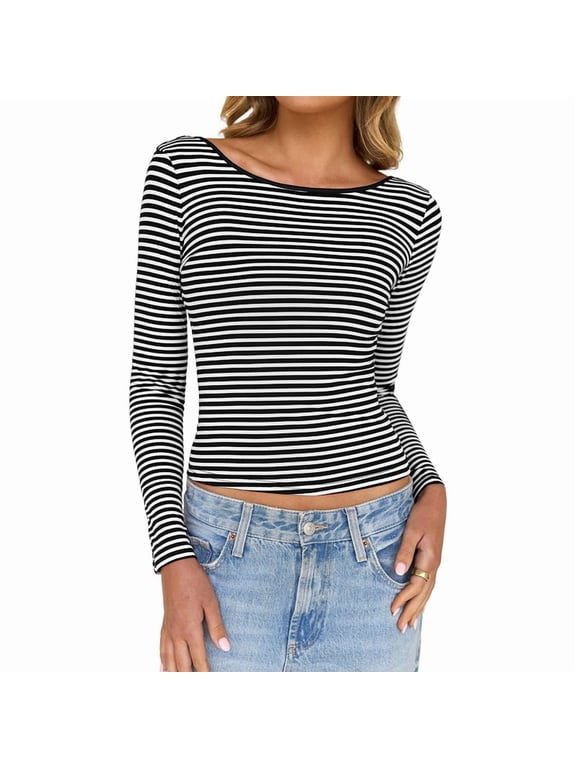 Women'S Summer Fall Long Sleeve Boat Neck Stripe Shirts Casual Slim Fit Backless Rib Knit Tops