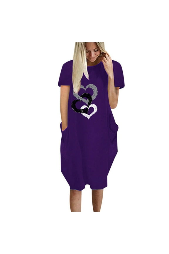Women'S Summer Fashion Cute Print Casual Short Sleeve Round Neck Dress Spring Summer Dresses For Women Purple Xl